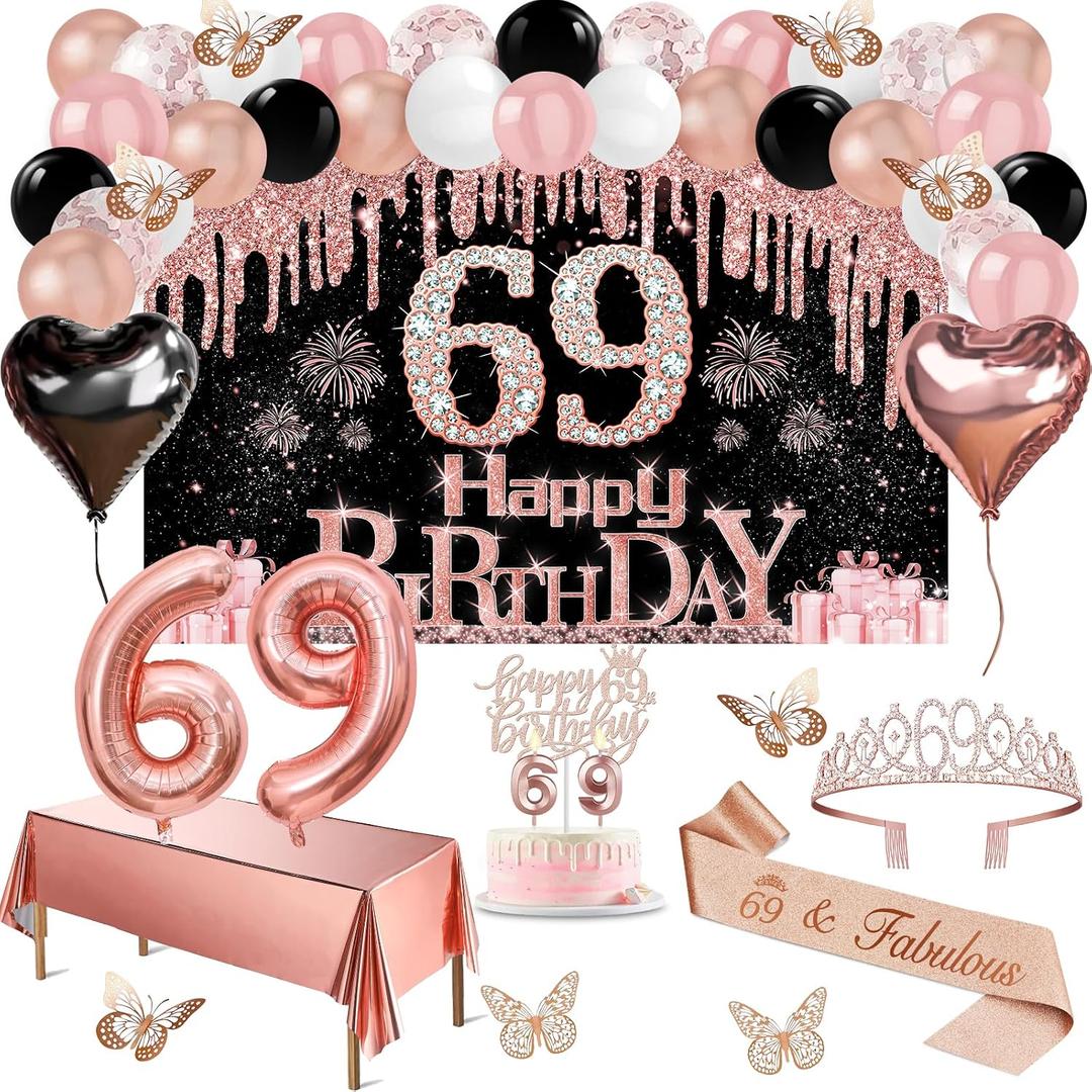 69th Birthday Decorations for Women, 49pcs Black Rose Gold Black Happy 69th Birthday Banner, Tablecloth, Butterfly Decor, Sash and Tiara, Cake Topper, Candles, Balloons Arch