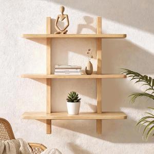 Wood Floating Shelves for Wall 28 inch x 32 inch 3-Tier Wall Mounted Floating Shelf Heavy Duty Solid Rubber Wood for Home Living Room, Coffee Bar, Book Storage, Kitchen Decor (1, Natural Wood)