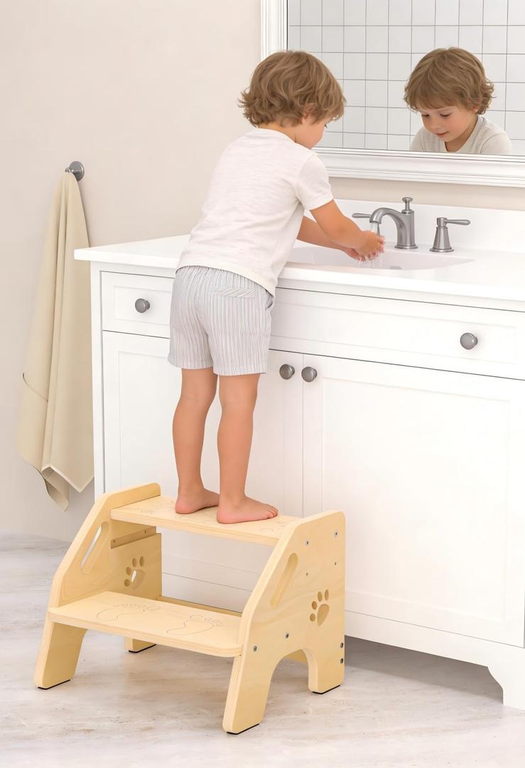 Toddler Step Stool Wooden - Height-Adjustable Kids 2 Step Stool Ladder with Cute Bear Design for Bathroom Sink Toilet Potty Training Kitchen Bedroom