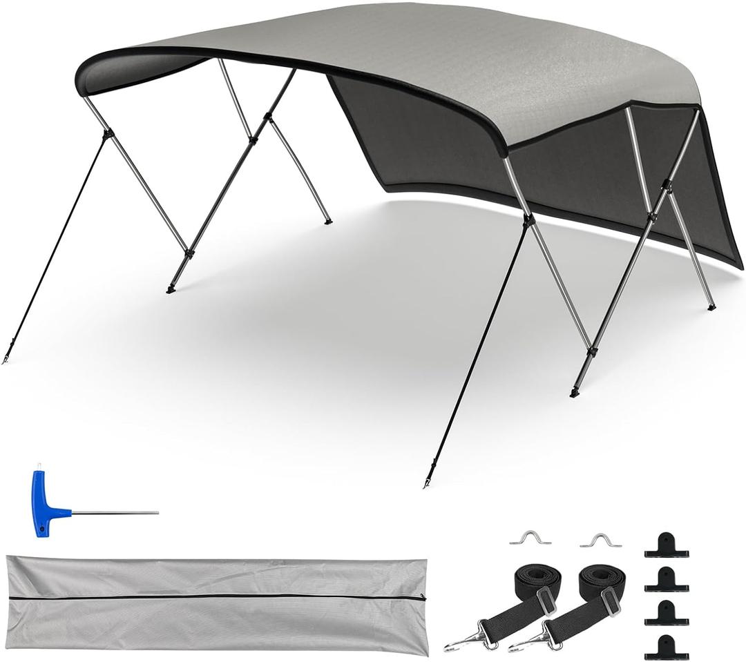 TeBaisea 3 Bow Bimini Tops for Boats, Boat Sun Shade Boat Canopy UV-Proof 800D High-Tech Polyester Fiber with Support Poles and Front/Rear Side Sunshade Cloth, 61-66" W, (Gray)