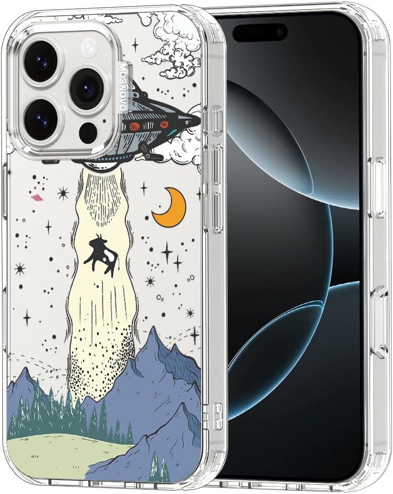 MOSNOVO Case for iPhone 16 Pro, [Buffertech 6.6ft Military-Grade Drop Protection] [Anti Peel Off Tech] Clear TPU Bumper Phone Case Cover Design - UFO
