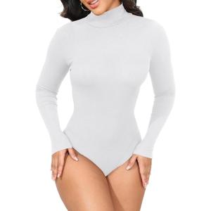 GEMBERA Womens Stretchy Long Sleeve Turtleneck Ribbed Knit Fitted Basic Bodysuit Shirt (Small, White)