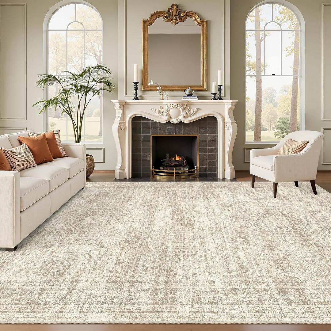 Soalmost 9x12 Area Rugs for Living Room, Non Slip Machine Washable Vintage Rugs, Low Pile Lightweight Large Rug for Bedroom, Dining Room, Home Office Beige