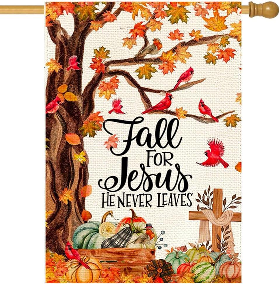 RABUSOFA Fall for Jesus House Flag 28x40 Inch Double Sided for Outside, Autumn Maple Cardinal Pumpkin Outdoor Seasonal Christian Large Garden Yard Flag Porch Decoration