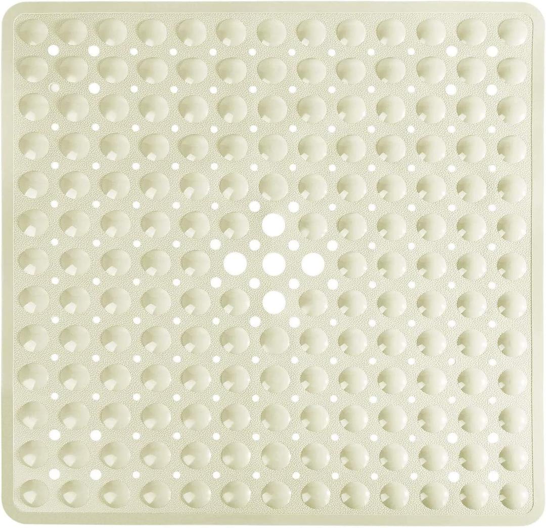 Yimobra Shower Stall Mat Non Slip, 21x21 Inch, Soft Square Bath Mat for Shower with Suction Cups and Drain Holes, Stall Floor Mats for Bathroom, Machine Washable, Bathroom Accessories, Beige