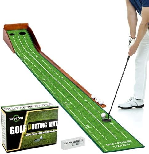 YOUCZON Putting Green Indoor,Wrinkle-Free Golf Mat with Auto Ball Return - Durable Solid Wood Base, Luxurious Velvet Surface - Ideal for Home or Office