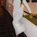 Uni Clau Long Sleeve Bodycon Maxi Dress for Women Elegant Crew Neck Textured Slim Fit Fall Party Dresses White