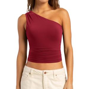SUUKSESS Women Double Lined Going Out Trendy Crop Tops Ruched Sleeveless Shirts (Small, Burgundy)