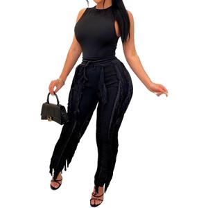 EDITCOZY Women Sexy Two Piece Outfits Fringe Pants Set Tassel Club 2 Piece Sets Going Out Birthday Party Night Black XL