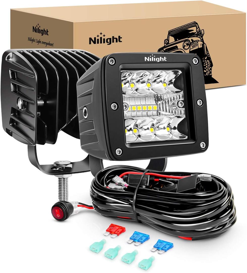 Nilight 2PCS 3Inch 42W LED Pods LED Cubes Upgraded Spot Flood Combo Beam Square Driving Light Backup Reverse Grill Mount with Wiring Harness Kit -2 leads
