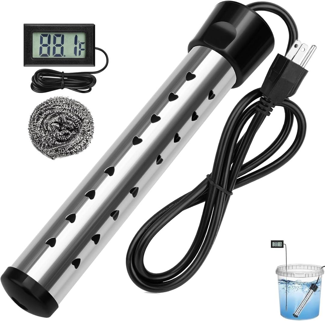2000W Immersion Water Heater Electric, Fast Heating Portable Water Heater with 304 Stainless Steel, Bucket Heater with Digital LCD Thermometer for Home Camping Bath Pool Outdoor Use Black