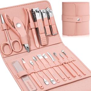 Manicure Set Professional Nail Clippers Pedicure Kit, 16 pcs Stainless Steel Nail Care Tools Grooming Kit with Luxurious Travel Leather Case for Thick Nails Men Women Gift (Pink)