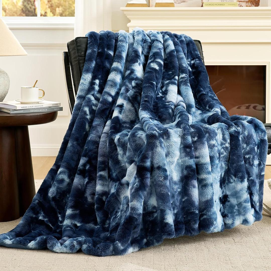 Cozy Bliss Faux Fur Throw Blanket for Couch, Fuzzy Soft Plush Thick Striped Blanket for Sofa Bedroom Living Room, 50 * 60 Inches Tie-dye Blue