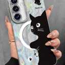 Toycamp for Samsung Galaxy S25/S24 Case - Compatible with Magsafe Aesthetic Cute Holographic Galaxy S25 Case with Diamond Bling Lens Protector for Samsung S24 Cover for Women Girls, Black White Cat