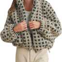Esmeling Womens Long Sleeve Cropped Sherpa Fleece Plaid Jacket Casual Chunky Teddy Fleece Outerwear (Medium, Green)