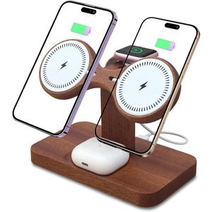 Dual Phone Charging Station for Apple Devices Wood Magnetic Phone Charger Stand for iPhone 17 16 15 14 13 12 Mini Wireless Charger Apple Charging Station for iWatch Series AirPod 4 3 2 Pro
