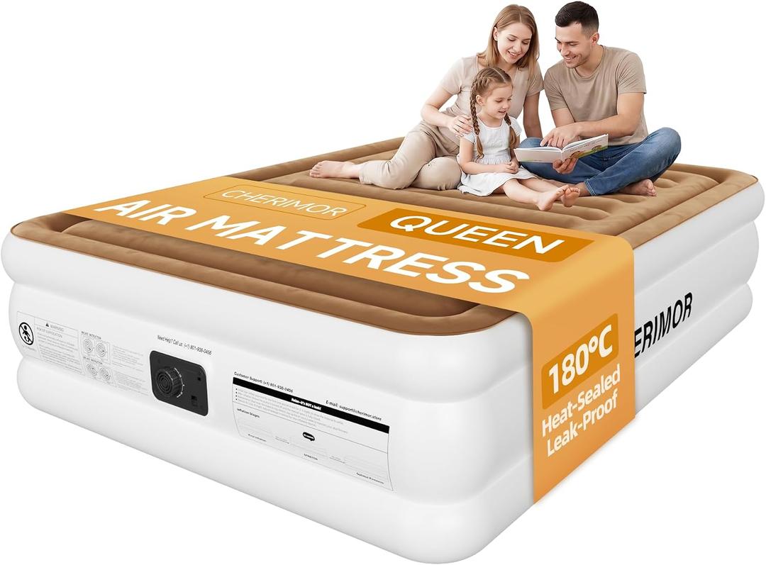 CHERIMOR Queen Air Mattress with Built in Pump, 180C Heat-Sealed Leak-Proof, 18" Raised Comfort, Anti-Sag Horizontal Beam, Supports 800 lbs, 3-Min Inflation Blow Up Bed for Home Guests & Camping