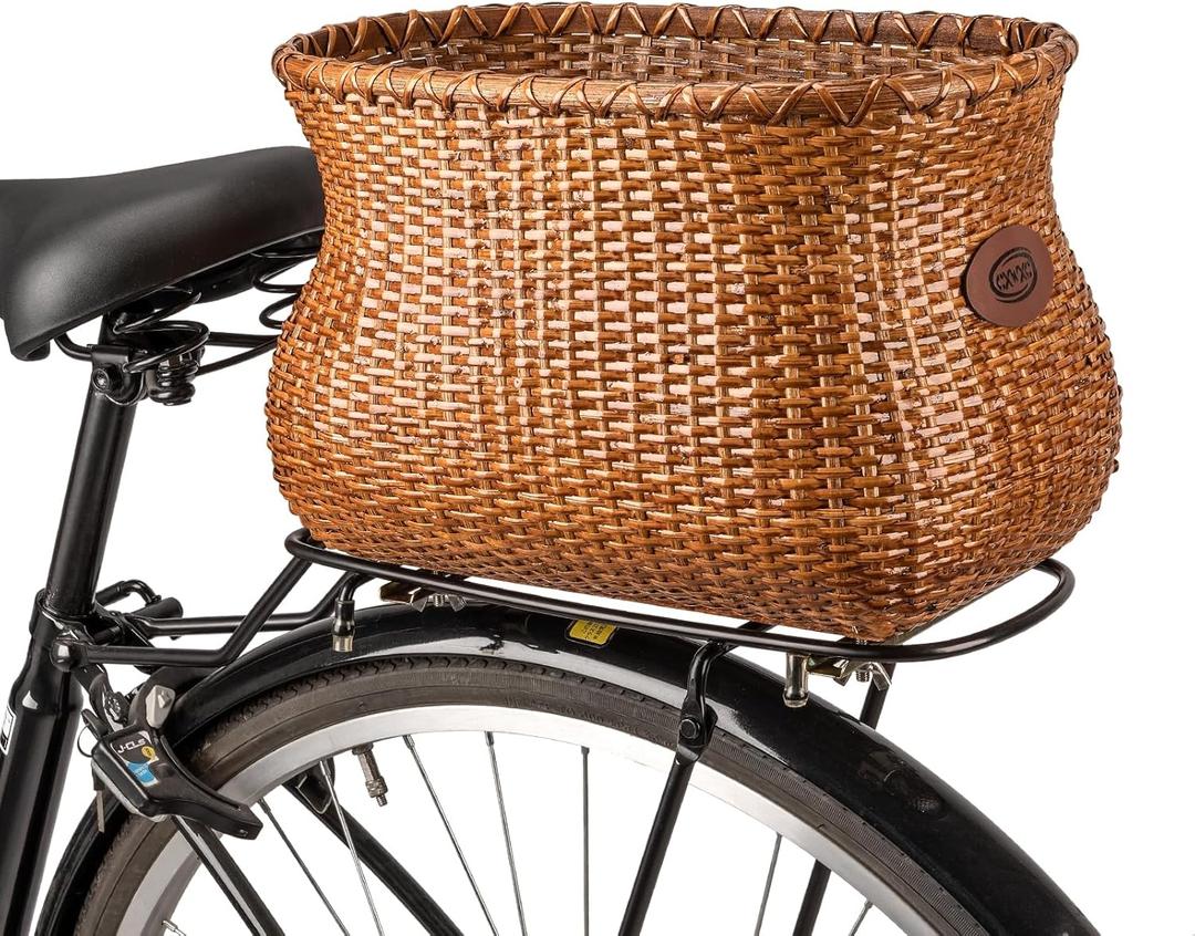CXWXC Rear Bike Basket - Handmade Rattan Bicycle Rear Basket with Waterproof Cover - Large Capacity Bike Basket for Beach Cruiser (Brown)