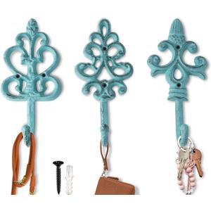 Comfify Shabby Chic Decorative Wall Hooks - Set of 3 - Cast Iron French Country Wall Decor - Farmhouse Hangers for Coats, Purses and More - Blue