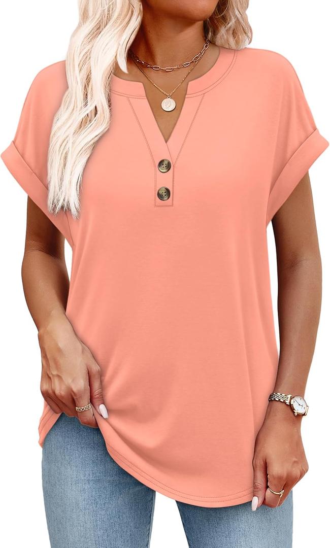 OFEEFAN Womens Tops and Blouses Dressy Casual V Neck Tshirts Short Sleeve Summer Clothes Trendy 2025 (Large, Coral)