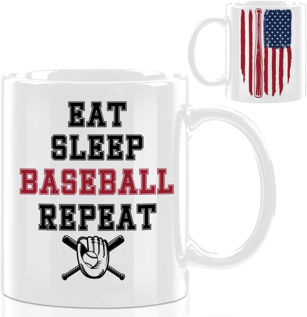 2 x Baseball Gifts for Men Coffee Mug, Ceramic Mugs With Handle Tea Cup Novelty Coffee Cup for Women Office Work, 12OZ Baseball Cups for Dad Men Coach Boyfriend Husband - eat sleep baseball repeat