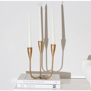 Modern 3-Arm Candelabra Holder, Cast Iron Metal Candlestick Holders 9.3 Inches Tall Candle Holder Candle Stand Brass Gold Candle Stand, Curved Design