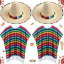 JaGely 4 Pcs Cinco De Mayo Mexican Serape Poncho Fabric and Straw Sombrero Headbands Costume