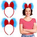 Canlierr Halloween Blue and Red Bow Headband Large Furry Hair Bow Headband Fuzzy Pom Hairband for Women Holiday Party