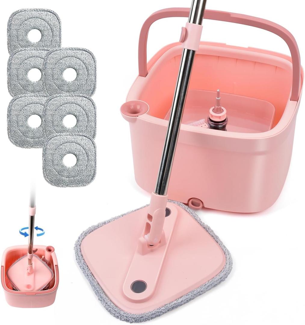 Spin Mop and Bucket Set with Self Separation Dirty and Clean Water System Self Wringing 360 Rotating Clean Mop-Head for Hardwood Tile Marble Floors- (Pink) (6pads)