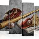 LevvArts 4 Panel Baseball Canvas Wall Art Retro Sports Painting Pictures Artwork for Boys Bedroom Decoration Rustic Gym Decor Art Poster Framed Ready to Hang