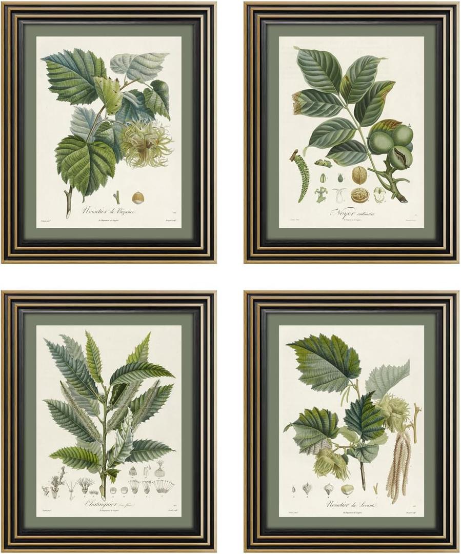 Gatheroad Vintage Botanical Wall Art Set of 4 - Sage Green Bathroom Wall Decor & French Country Kitchen Decor, 8x10 Antique Tree Branch & Leaf Pictures, Rustic Farmhouse Nature Prints (Unframed)