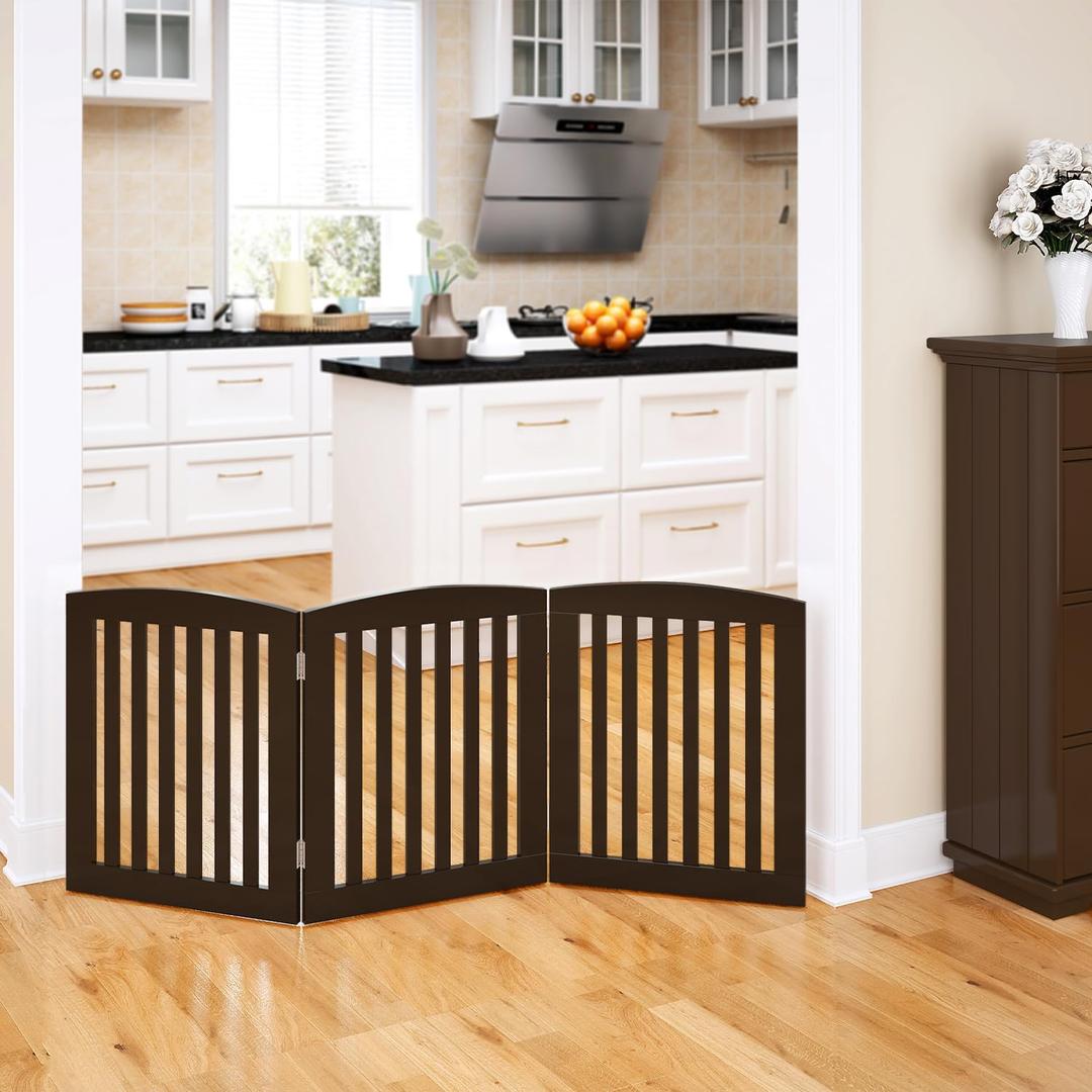 PAWLAND Wooden Freestanding Foldable Pet Gate for Dogs, 24 inch 3 Panels Step Over Fence, Dog Gate for The House, Doorway, Stairs, Extra Wide (Espresso, 24" Height-3 Panels)