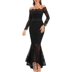 LALAGEN Women's Floral Lace Long Sleeve Off Shoulder Wedding Mermaid Dress (Black) S