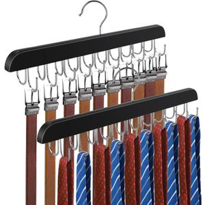 Belt Hanger for Closet, Holds Max 60 Belts, Wooden 20 Hooks Belt Organizer Wardrobe Accessory, 360 Rotatable Belt Storage Hanger Rack Space Saver for Belt, Bra, Tank Top, Tie, Scarf (2)