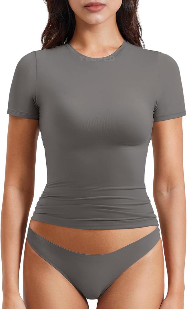 YEOREO Women Fitted Workout Tops Short Sleeve Double Lined Basic Y2K Going Out Crew Neck Compression Crop Top (Small, Coal)