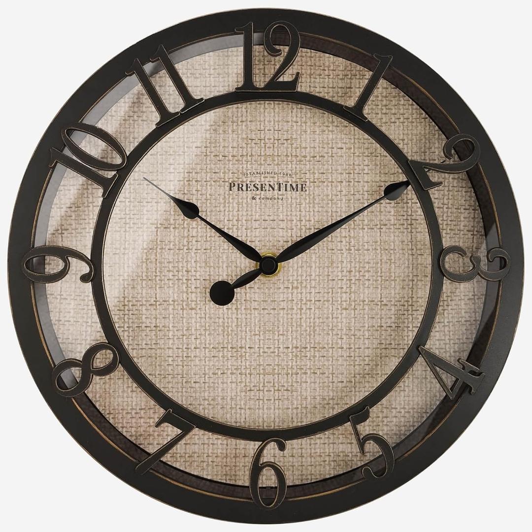 Presentime & Co 10" Farmhouse Series Wall Clock, Cottage Style, Faux Burlap Design, Silent no Ticking, Oil Rubbed Bronze Finish