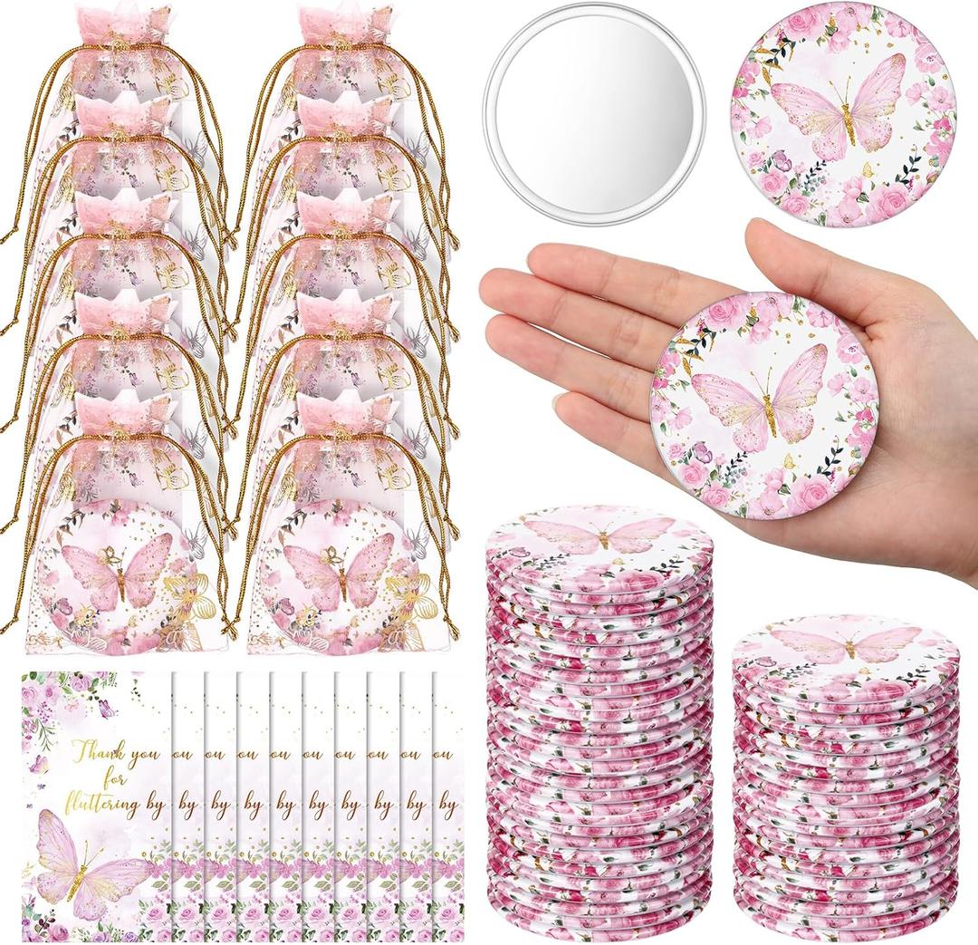 Yuntau 36 Sets Butterfly Baby Shower Party Favors, Butterfly Compact Pocket Mirrors and Thank You Cards Gifts Bulk for guests Bridal Shower Wedding Gender Reveal Party(Pink)