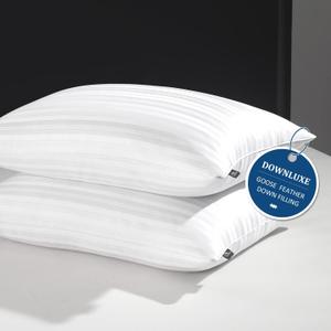 downluxe Goose Down Pillows - Hotel Collection Feather Pillows Set of 2 for Back, Stomach or Side Sleepers, King Size (20"x36") (King (Pack of 2), Classic Horizontal Stripes)