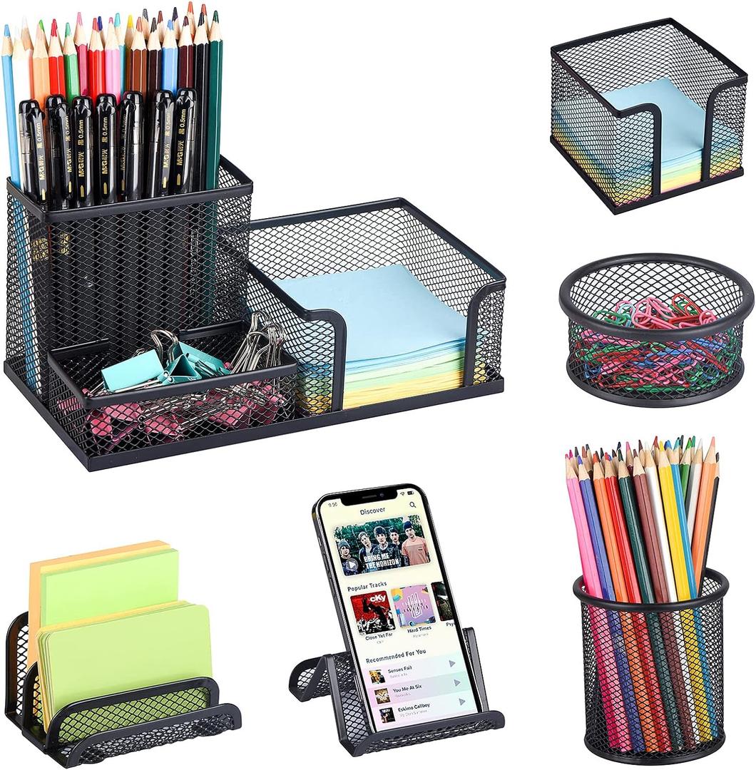 Desk Organizers set with Mesh Pen Holder Cup, 3 Compartments Black Office Supply Organizer Paper Clips Holder for Office Desk Accessories (6 Piece Set, Black)