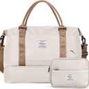 Travel Duffel Bag with Shoes Compartment, Overnight Weekender Bags for Women, Carry on Personal Item Travel Set (Extra Large, Beige & Brown)