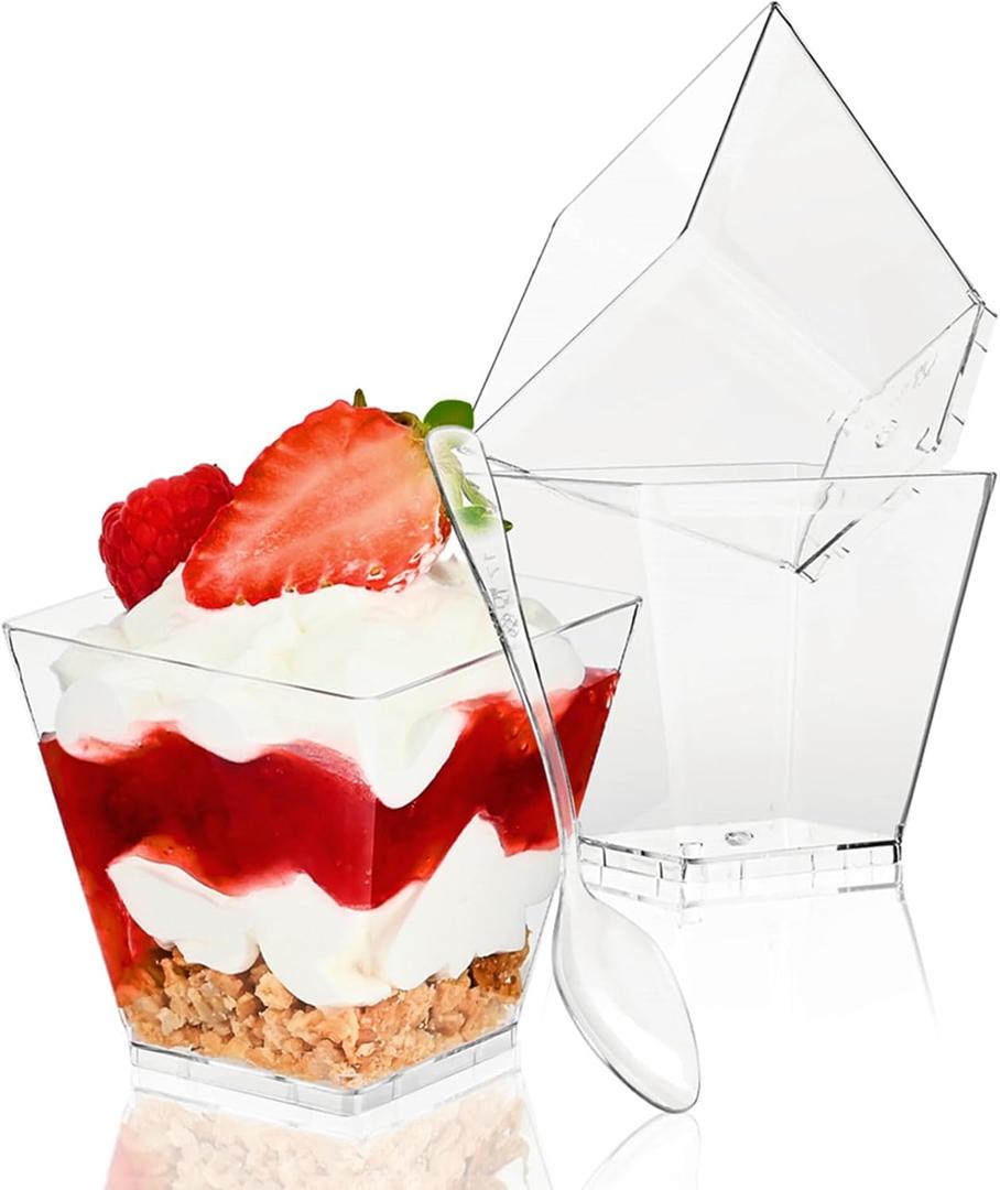 TOFLEN 50 Pack 3.5 oz Plastic Dessert Cups with Spoons, Irregular Square Mini Dessert Bowls for Party Trifle, Yogurt Parfait, Pudding, Appetizers
