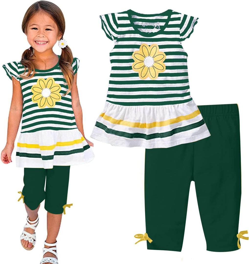 LUKYCILD Baby Girls Summer Clothes Casual Clothing Suit Short Sleeve Striped T-Shirt +Pants (Green)