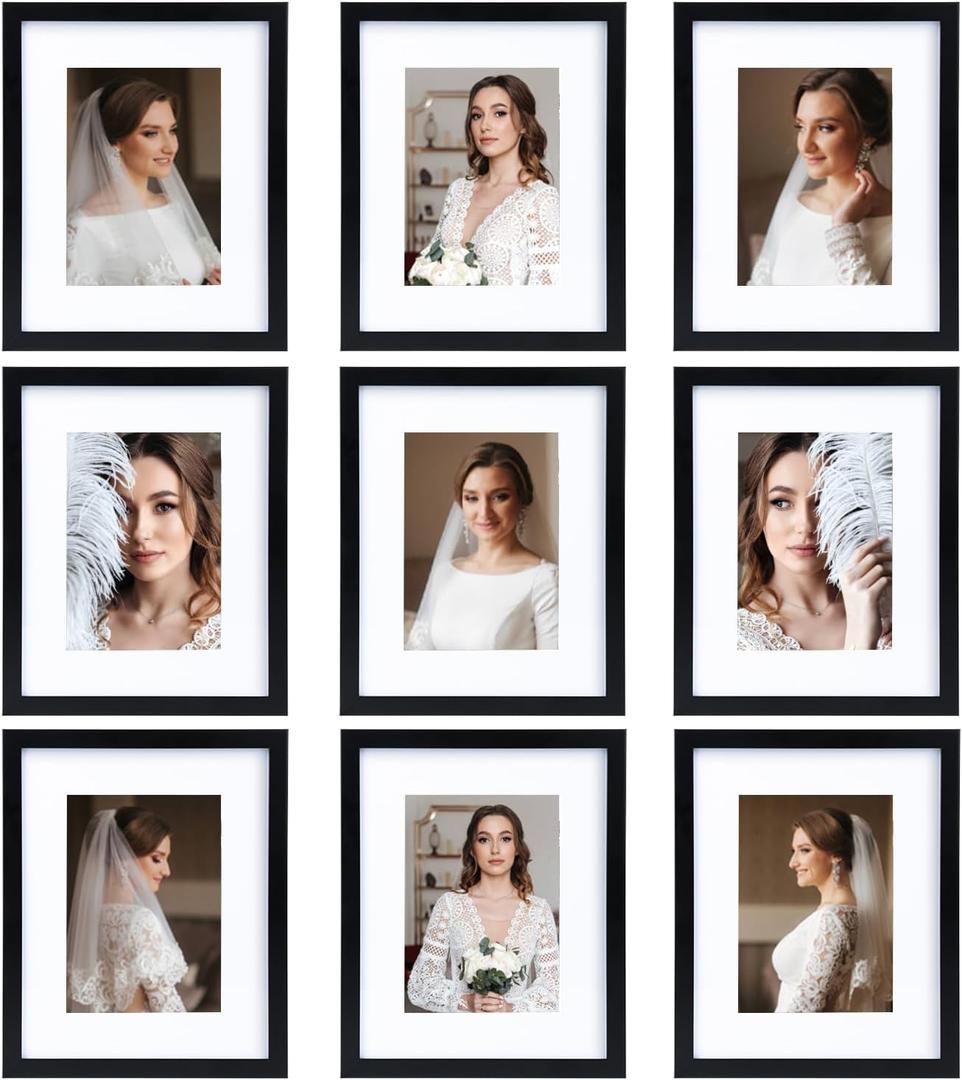 8x10 Picture Frame Set of 9, Display Pictures 5x7 with Mat or 8x10 without Mat, Multi Collage Gallery Square Photo Frames for Wall or Tabletop, Black