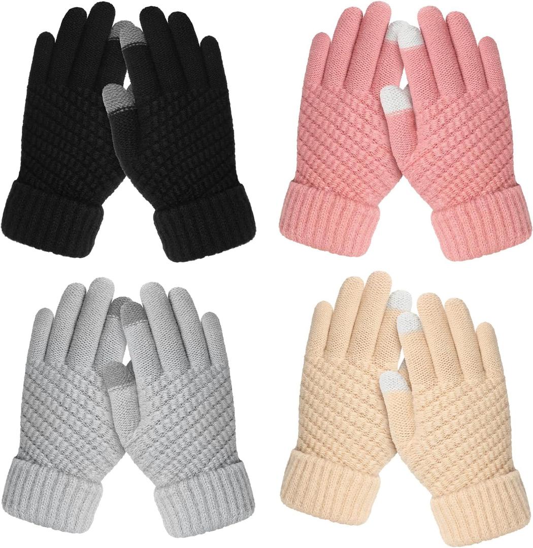 Clothclose 4 Pairs Kids Winter Gloves for Boys Girls, Warm Winter Glove for Kids, Knit Toddler Kid Gloves, Soft Kid Mittens (4 Pack, Black & Grey & Beige & Pink)