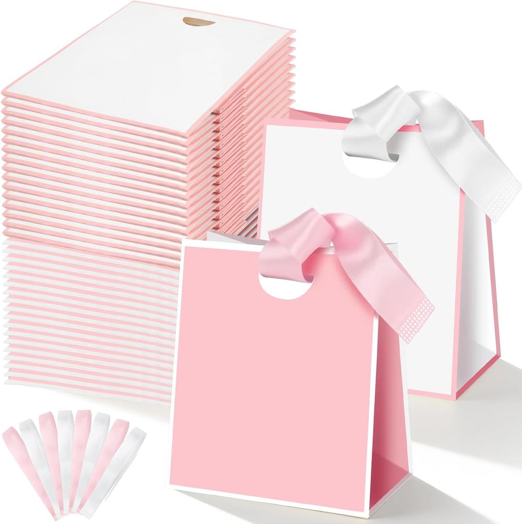 50 Packs Small Gift Bags with Ribbon Handles 4.9" x 2.6" x 4.3" Bulk Reusable Pink and White Goodie Bags Bulk for Wedding Birthday Bridal Baby Shower Holiday Party Favors Gift Wrap