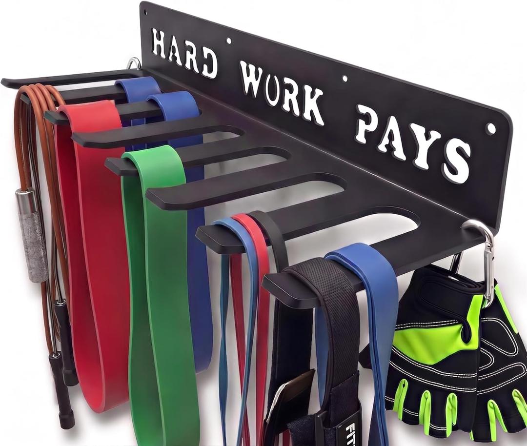 Home Gym Accessories Organization Storage Rack Equipment For Home 8 Hook Wall Hanger Display Gear Barbells Resistance Bands Jump Ropes Lifting Belt Hanger Accessories Hardware Included (Hard work pays)