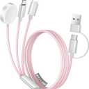 Temdan for Travel Vacation Essentials, 3 in 2 USB C Cable for Apple Watch Charger/ iPhone 17 Charger/ Lightning, Multi Charging Cable Cord, Camping Essentials, Designed for iWatch & iPhone 16-12-4FT Pink