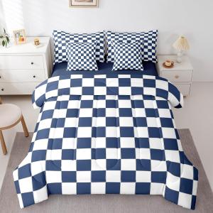 Erosebridal White Blue Plaid Full Comforter Set with Sheets 7 Piece Navy Blue Checkerboard Bedding Set for Kids Boys Teen, Checkered Grid Bed in A Bag Modern Aesthetic Geometric Bed Set