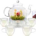 Glass Teapot Set, 40OZ/1200ml Stovetop Safe Glass Tea Kettle with 4 Double-Wall Tea Cups & Loose Tea Infuser & Tea Warmer, Dishwasher Safe Tea Maker, Blooming Tea Gift Set For Women