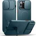 SURITCH for iPhone 14 Pro Max Case with Magnetic Camera Slide Cover and Adjustable Kickstand, Compatible with MagSafe, Shockproof Bumper Case Slim Protective Cover 6.7 Inch, Lake Green